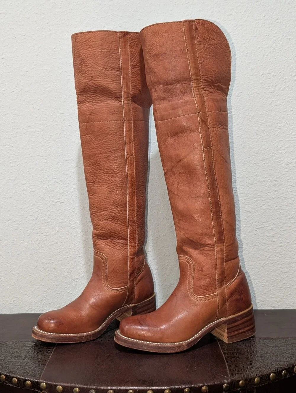 Vintage Frye Made in USA Over The Knee Leather Boots Cognac Brown Size 5.5M